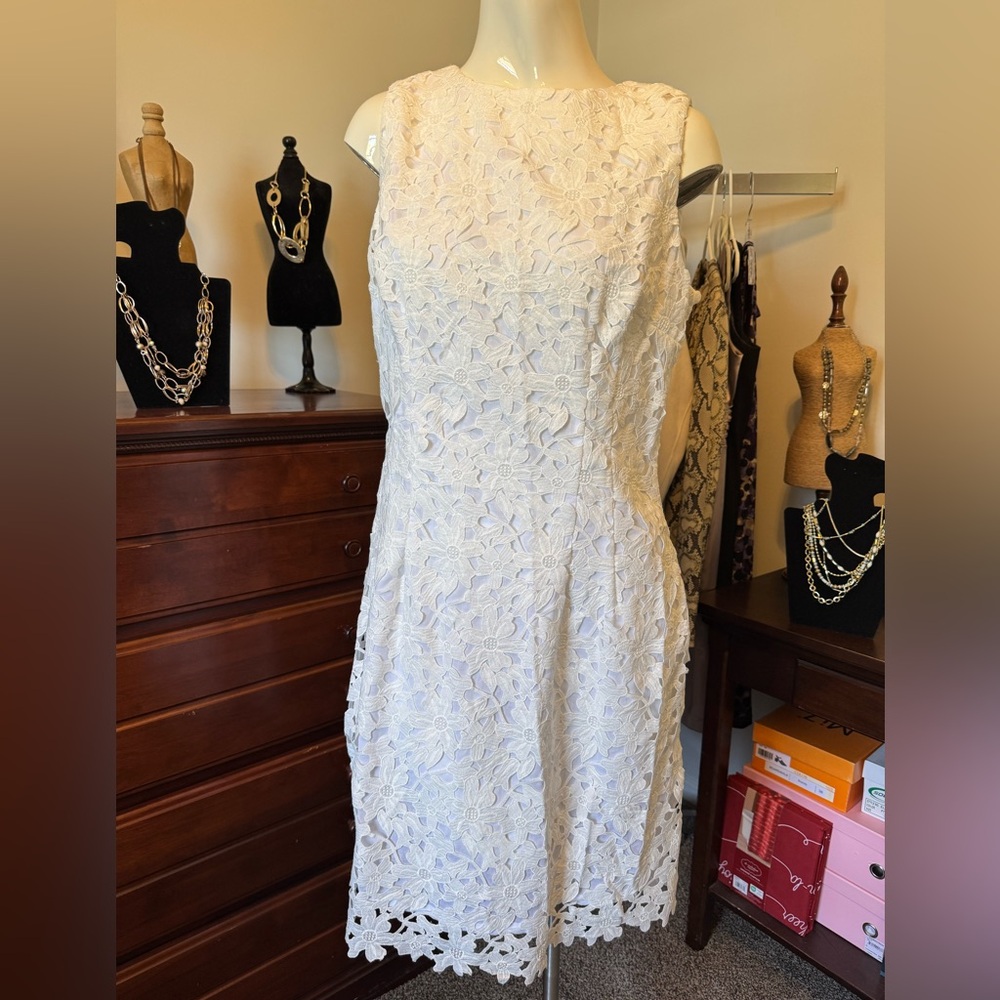 Lauren Ralph NWT Mini White Eyelet Floral Overlay Sleeveless Summer Dress Sz 12 - Picture 3 of 16